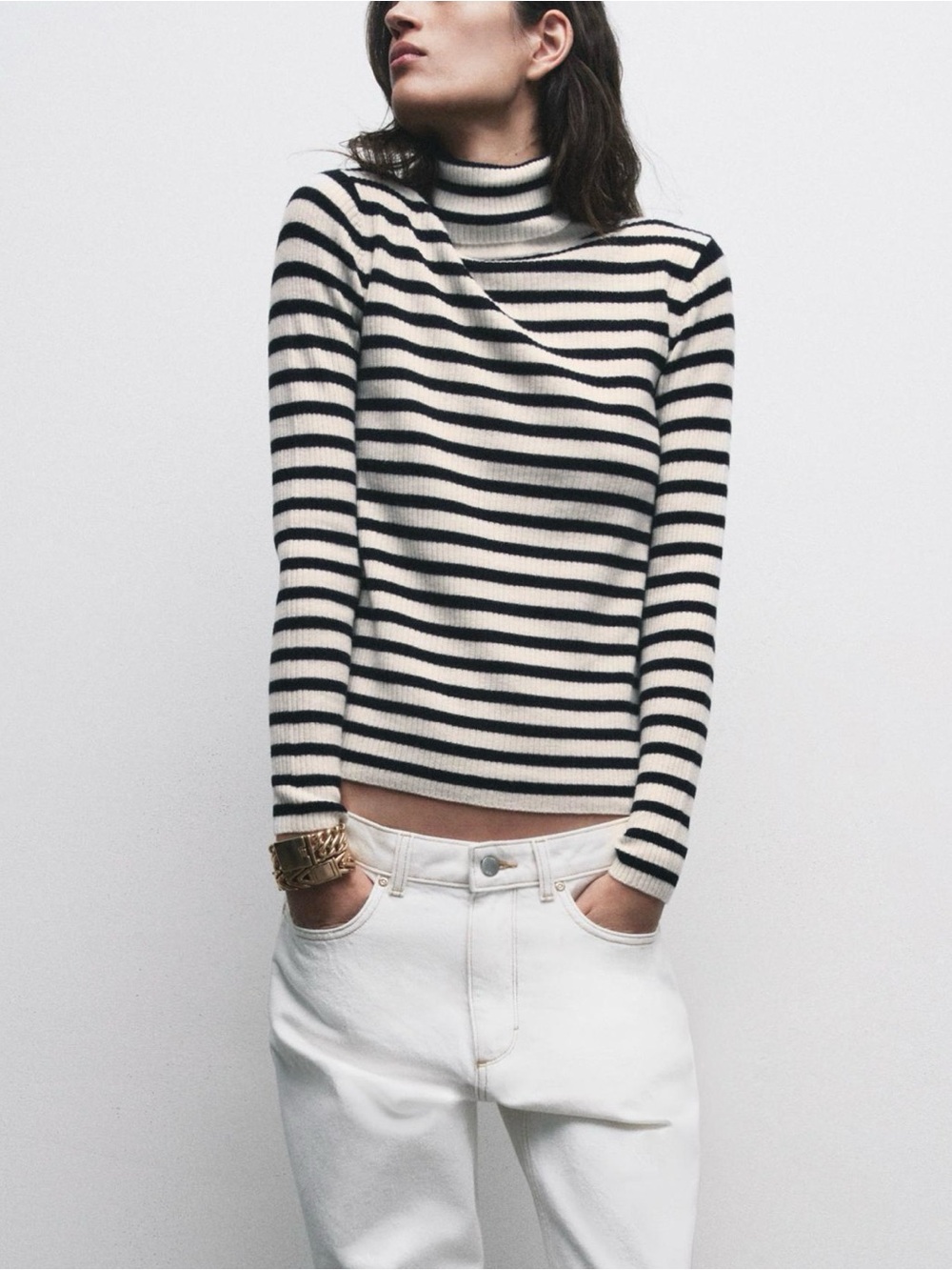 Zara Black and Cream Striped Turtleneck Sweater